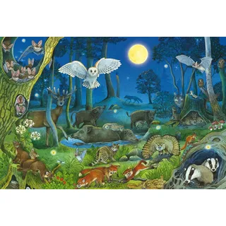 Schmidt Spiele Schmidt 56529 - Tiere nachts im Wald, Kinderpuzzle mit Poster, 100 Teile aus NATPAX® Graspappe