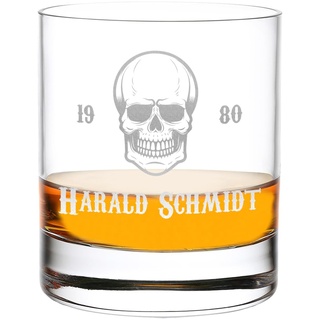 polar-effekt Whiskyglas Kristall Tumbler 315 ml mit Wunschgravur Motiv Totenkopf - individuelles Trink-Glas mit Namen - geeignet für Cocktails, Rum, Bourbon und Wasser - perfektes Männergeschenk