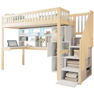 SOFTWEARY Hochbett mit Schreibtisch und Stauraum (90x200 cm, Regal, Schrank, Rausfallschutz und Treppe) Kinderbett, Jugendbett, Kiefer beige
