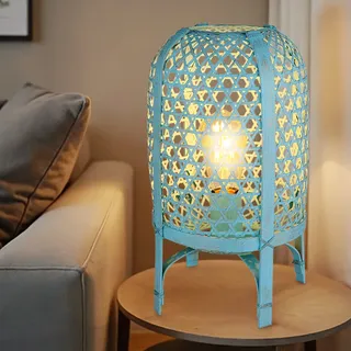 Tischleuchte Bambus Boho Tischlampe blau Nachttischlampe Schlafzimmer, Metall, 1x E27 Fassung, DxH 22x37 cm