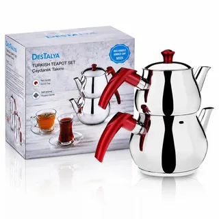 DESTALYA Türkische Teekanne Set, Edelstahl Doppel Teekannen für Herd Top Teebereiter mit Griff Samowar Stil Selbstbeanspruchter Teekessel Wasserkocher Wasserwärmer, Caydanlik (Mini Rot)
