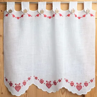Gaidra Scheibengardine auf Maß transparent im Tirol alpinen Landhaus Stil, Herzchen Motiv mit Knöpfe– 5681, Farbe rot, 80x60cm BxH