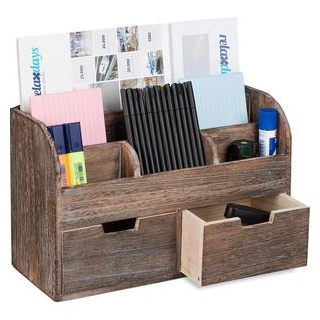 Relaxdays Schreibtisch-Organizer 10025560, Holz, 6 Fächer und 2 Schubladen, dunkelbraun