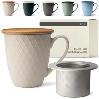 KIVY Tasse, Große Teetasse mit Deckel und Sieb [650ml] XXL, Keramik Porzellan, Tee Tasse mit Deckel