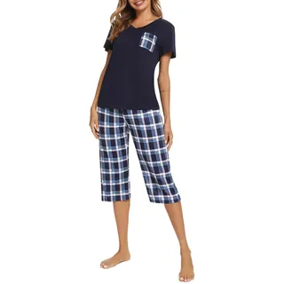 iClosam Schlafanzug Damen Baumwolle Kurz Pyjama Kurzarm Frauen V-Ausschnitt Nachtwäsche Set Zweiteiliger Top Kurzarm und 3/4 Lang Karierte Pyjamahose Loungewear Freizeitanzug Sommer - S