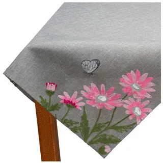 Tischdecke Leinen-Optik Bestickt Deko Esszimmer Serie Margariten Blumen Tischwäsche grau Stickerei Schmetterling Tischdeko Frühling Typ886 Mitteldecke 85x85 cm rosa