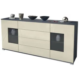 Vladon Sideboard Grömitz V2 (Kommode mit 2 Türen, 4 Schubladen und 2 flexible Glaseinlegeböden), Anthrazit matt/Creme Hochglanz (166,5 x 75,5 x 35) gelb