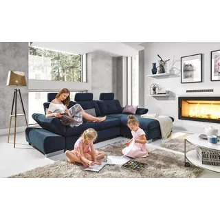 Ecksofa Schlafsofa REMON Polyesterstoff Blau Ottomane Rechts - Blau