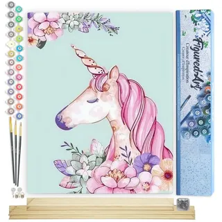 Figured'Art Malen Nach Zahlen Erwachsene Mit Rahmen Rosarotes Einhorn - Paint by Numbers Basteln DIY Bastelset 40x50cm Mit Keilrahmen (nicht gespannt)