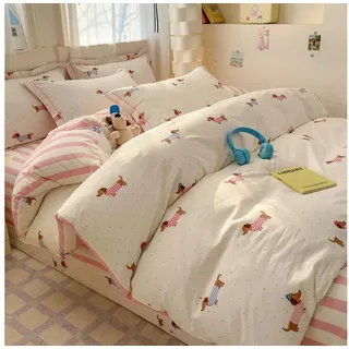 LuxusKollektion Kinderbettwäsche Bettwäsche Dackel Rosa Gestreift 135x200 2tlg