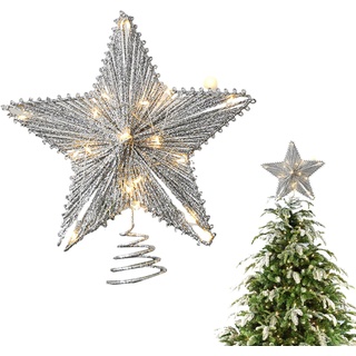 Weihnachtsbaumspitze Stern Silber mit LED-Lichterkette, Kreative 3D Christbaumspitze Weihnachten Baumspitze Deko, Weihnachtsverzierung, Weihnachtsbaum Stern für Zuhause Büro Weihnachtsbaumschmuck