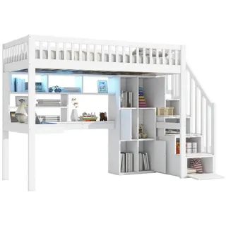 SOFTWEARY Hochbett mit Schreibtisch und Stauraum (90x200 cm, Regal, Schrank, Rausfallschutz und Treppe) Kinderbett, Jugendbett, Kiefer