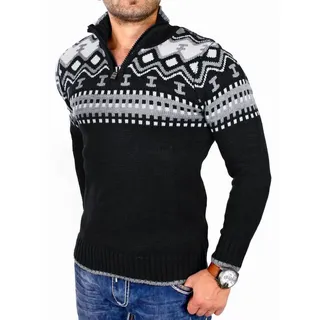 Reslad Strickpullover Reslad Herren Strickpullover Crewneck Zipper Norweger Pullover RS-3110 (1-tlg) Strickpullover Männer Norwegermuster Troyer schwarz M