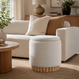 hometopia Sitzhocker mit Stauraum Rund Stoff 46 x 46 x 46 cm Weiß