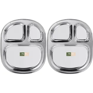 WG inc Edelstahl-Teller mit Fächern,drei Abschnitte,3-in-1 geteilte Schale für Mittagessen, Frühstück,Unordnung Tabletts für Geburtstag, Familienfeiern (2er-Set)