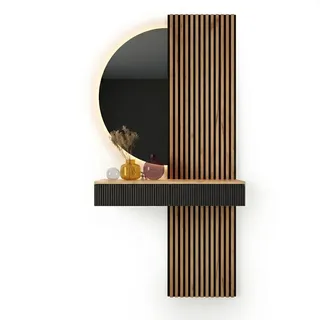 Planetmöbel AMYRA Flur-Set 100 cm - Gold Eiche / Schwarz - Mit LED Spiegel NIVORA und Akustikpaneelen