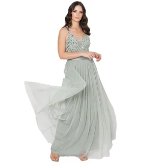 Maya Deluxe Damen Maxi Abendkleid Elegant Für Hochzeit Mit V-ausschnitt Tüllkleid Schleife Brautjungfernkleid, Green Lily, 36 EU - 36
