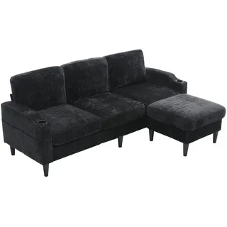 Schwarzes 4-Sitzer Sofa mit Hocker Chenille Bezug modular Stauraum Armlehnen Getränkehalter Seitentaschen 70x190cm