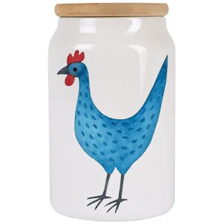 Kilala Keramik Vorratsdose mit Huhn-Motiv & Bambusdeckel – 650 ml – Luftdicht, Spülmaschinengeeignet – Deko-Dose Landhausstil Küche, Weiß glänzend (blau)