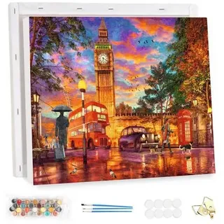 MEIYUDA Malen Nach Zahlen Erwachsene mit Rahmen London bei Sonnenuntergang, Paint by Numbers Malen Nach Zahlen, DIY Set mit Pinseln und Acrylfarben