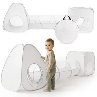 mamabrum 3-in-1 Spielzelt Set für Kinder, Dreieckszelt mit Tunnel und Spielwürfel, Polyester, Grau mit weißem Muster, 80 × 80 × 86 cm, ab 36 Monaten, Indoor