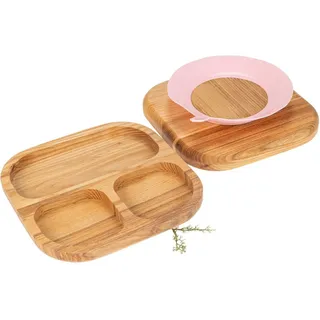 Holz Frank Kindergeschirr-Set Kinderteller dreifach unterteilt - Esche geölt mit Saugnapf Rosa, Holz beige