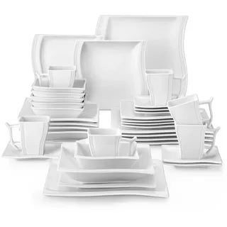 MALACASA Geschirr-Set Tafelservice FLORA für 6/4 Personen Marmor Geschirrset (36-tlg), 6 Personen, Porzellan weiß