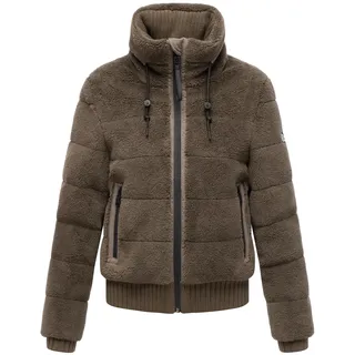 Navahoo Damen Teddy-Fleecejacke warme Winterjacke Plüschjacke mit Rippstrickdetails Schneepuder 14 Stone Brown Gr. M - M