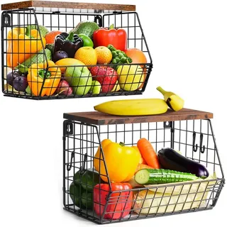 Refined Living Obstschale Obstkorb Hängend 2 Etagen, Wandkorb Schwarz mit Holzdeckel, 2er Set, Hochwertiger Kohlenstoffstahl + Holz, (Stapelbar Küchenorganizer, Obstschale Hängekorb, Schwarz Metall Wandkorb,Drahtkorb Küche, Gemüsekorb, Wandkorb Küche, Küchenorganizer, Aufbewahrungskorb Wand, Platzsparendes, Stabile & langlebige Konstruktion, Offenes Design für Frische, Obstschale, 2-tlg), Wandmontierbar Drahtkorb Zur Aufbewahrung Von Obst Gemüse Snacks schwarz
