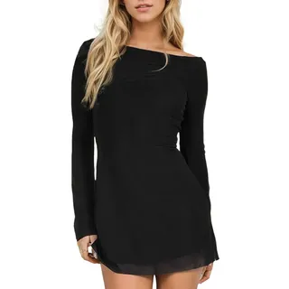EMOTTOS Damen Twisted Wickelkleid, Cocktail Rüschensaum Kleid mit Elastischer Taille, Figurbetontes Kleider mit Rundhalsausschnitt, Mini Enges Kleid für Clubbing Party Cocktail, Schwarz, S-L - S