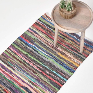 Homescapes Chindi-Teppichläufer, handgewebt aus 100% recycelter Baumwolle, 66 x 200 cm, Flickenteppich mit bunten Streifen