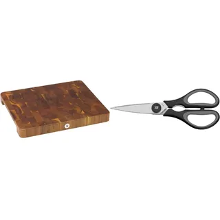 WMF Schneidebrett XL 40 x 32 x 4 cm, Holz, Akazienholz, klingenschonend & Touch Küchenschere 21 cm, Haushaltsschere mit Sägeschliff, Schere Küche, Cromargan Edelstahl, Softgriff, schwarz