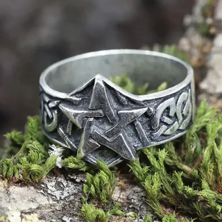 Drachensilber Pentagramm Ring Schmuck Bandring Silbering Damen Herren 925 Silber 78 - Silber