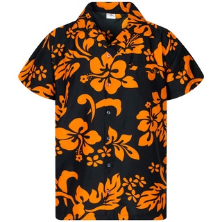 King Kameha Funky Hawaiihemd, Kurzarm, Hibiskus New, Orange auf Schwarz, XS