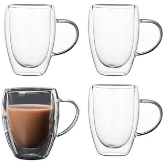 4x350ml Doppelwandige Latte Macchiato Gläser Doppelmauerte Borosilikatglas Kaffeegläser mit Griff klare Hitzebeständige Thermo Kaffeetassen Trinkgläser für Cappuccino,Espresso,Tee,EIS,Milch,Saft,Bier