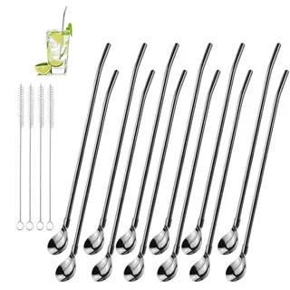 12 Stück Edelstahl Trinkhalm Trinkhalmlöffel lang Löffelstrohhalme Wiederverwendbare Löffelhalme Metalllöffel mit 4 Stück Strohhalm Reinigungsbürste für Smoothies, Milchshakes, Cocktail, Kaffee
