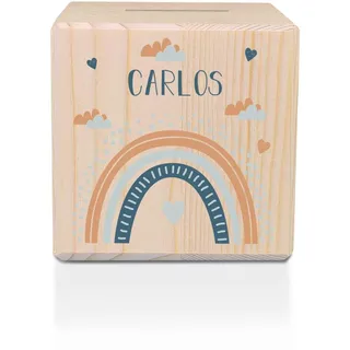 GRAVURZEILE Bedruckte Spardose aus Holz mit Metallschloss - Regenbogen Blau - Personalisiert mit Name - Geschenk zur Taufe, Kommunion oder Geburt - Sparschwein für Mädchen & Jungen