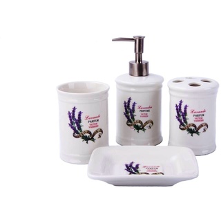 GMMH Landhaus Vintage BADSET Lavendel Badezimmer ZUBEHÖR Set SEIFENSPENDER WC BÜRSTE Keramik (4 er Set)