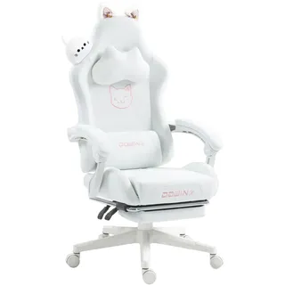 Dowinx Gaming Stuhl,Gamer Chair,PU-Leder Sessel mit Katzenohren und Katze-Dekoration,Ergonomischer Gamingstuhl,150KG Tragkraft PC Stuhl,Verstellbar Fußstütze Armlehnen Rückenlehne,Katze-Weiß