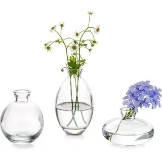 Vintage Mini Glasvase Set 3-teilig Klar Handmade Blumenvase für
