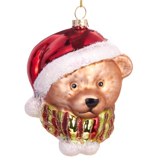 BRUBAKER Teddybär mit Schal und Weihnachtsmütze - Handbemalte Weihnachtskugel aus Glas - Mundgeblasener Christbaumschmuck Figuren lustig Deko Anhänger Baumkugel - 9.5 cm