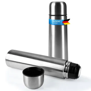 Edelstahl Thermosflasche mit Becher; Thermoskanne Doppelwandige Isolierkanne; Auslaufsicher, Spülmaschinenfest & BPA-frei; hält Getränke heiß & kalt (Silber, 500 ml)