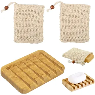 VAEIORP 1 Set Teak Seifenschale Holz Wasserfall Design, Holz Seifenhalter Seifenablage für Bad, Küche, Waschbecken und Theke Zwei Bubble-Netze enthalten