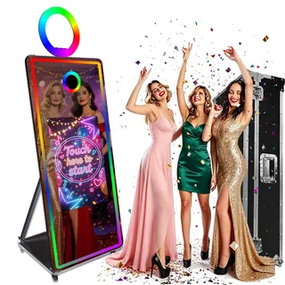 WideMeet Spiegel-Fotokabine, Selfie-Rahmen, tragbarer Touchscreen, magischer Spiegel, Standmaschine für Hochzeiten, Partys, Events (165,1 cm (65 Zoll), Schwarz + Flight Case)