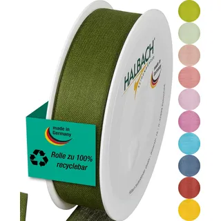 Halbach mattes Taftband, 25 mm x 25 m, moosgrün | Geschenkband in Baumwolloptik, Made in Germany, Ökt-Tex 100 zertifiziert und waschbar bei 30 Grad