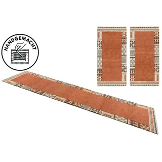 THEKO Bettumrandung Nuno, handgearbeitet, mit Bordüre, Höhe 14 mm, (3-tlg), Bettvorleger, reine Wolle, handgetuftet, Läufer-Set, Schlafzimmer braun