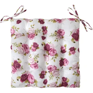 wometo Sitzkissen Stuhlkissen 40x40 Oeko-TEX - Landhaus Rosen-Motiv rosa pink weiß mit Bändern/Schleifen für Indoor und Outdoor