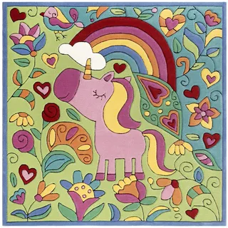 Wecon Home Lovely Unicorn Kinder Teppich, 150 x 150 cm, Multicolor | Doodle-carpet Kuschelig weicher mit süßem Einhorn, handgefertigt, quadratisch