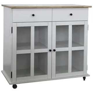 Mid.you Servierwagen Kitchen trolley, Weiß, Holz, Glas, Holzwerkstoff, Kautschukholz, vollmassiv, 2 Schublade(n) Schubladen, rechteckig, Rollen, 95x88x47 cm, einfacher Aufbau, Esszimmer, Barmöbel, Barwagen