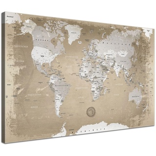 LANA KK - Weltkarte Leinwandbild mit Korkrückwand zum pinnen der Reiseziele – „Weltkarte Natur” - deutsch - Kunstdruck-Pinnwand Globus in braun, in 120x80cm
